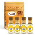 A box of Vasudham Attar Gold Standard perfume oil with four small glass bottles in front, labeled Natural Rose, Amber Rose, Fasli Gulab, and Rose No-21.