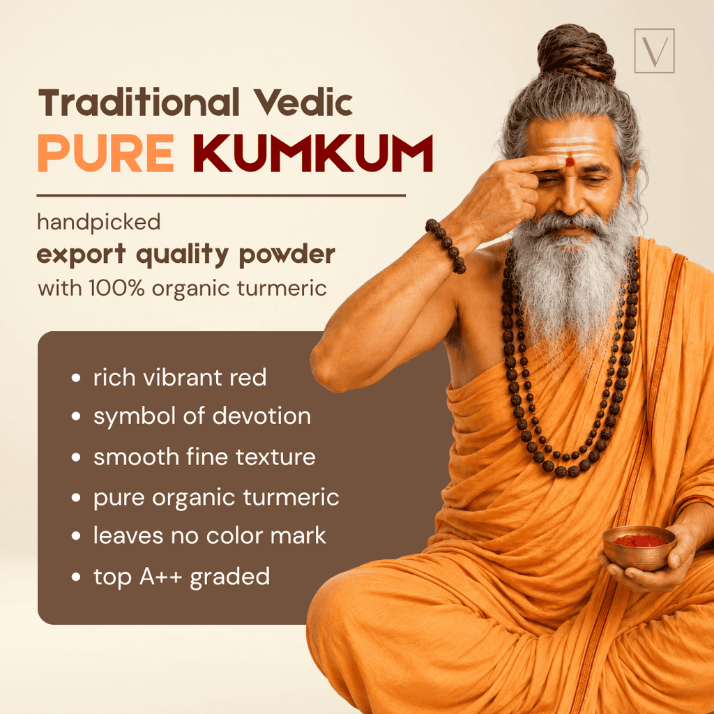 Promotional graphic for Traditional Vedic Pure Kumkum, showing a bearded man in an orange robe holding a bowl of red powder. Text highlights handpicked export quality powder made from 100% organic turmeric, with bullet points describing its rich red color, devotional symbolism, fine texture, and pure organic quality.