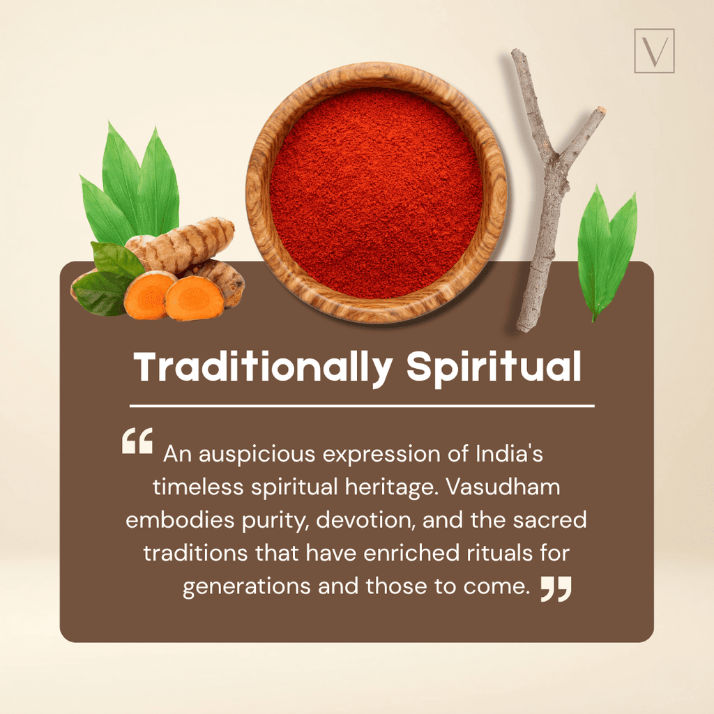 A promotional graphic for a product called 'Traditionally Spiritual', featuring a wooden bowl filled with bright red powder, turmeric roots, green leaves, and a branch on a beige background with a brown text box containing a quote.