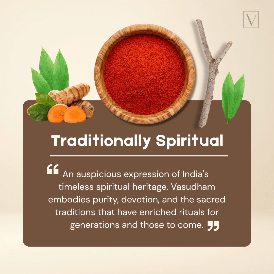 A promotional graphic for a product called 'Traditionally Spiritual', featuring a wooden bowl filled with bright red powder, turmeric roots, green leaves, and a branch on a beige background with a brown text box containing a quote.