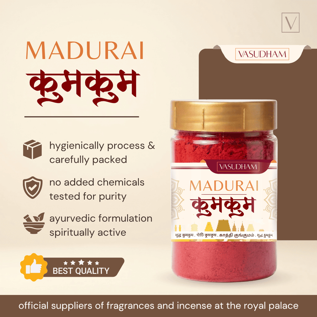 A jar of Vasudham Madurai Kumkum (red Indian henna) on a beige background with promotional text and icons highlighting its hygienic packaging, purity, and spiritual benefits.