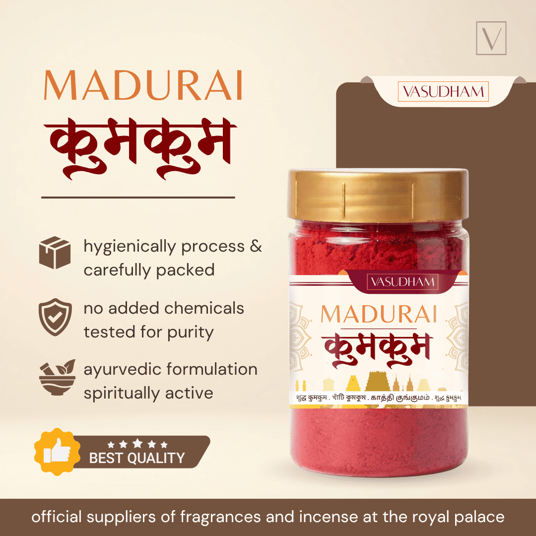 A jar of Vasudham Madurai Kumkum (red Indian henna) on a beige background with promotional text and icons highlighting its hygienic packaging, purity, and spiritual benefits.