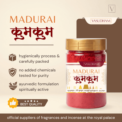 A jar of Vasudham Madurai Kumkum (red Indian henna) on a beige background with promotional text and icons highlighting its hygienic packaging, purity, and spiritual benefits.