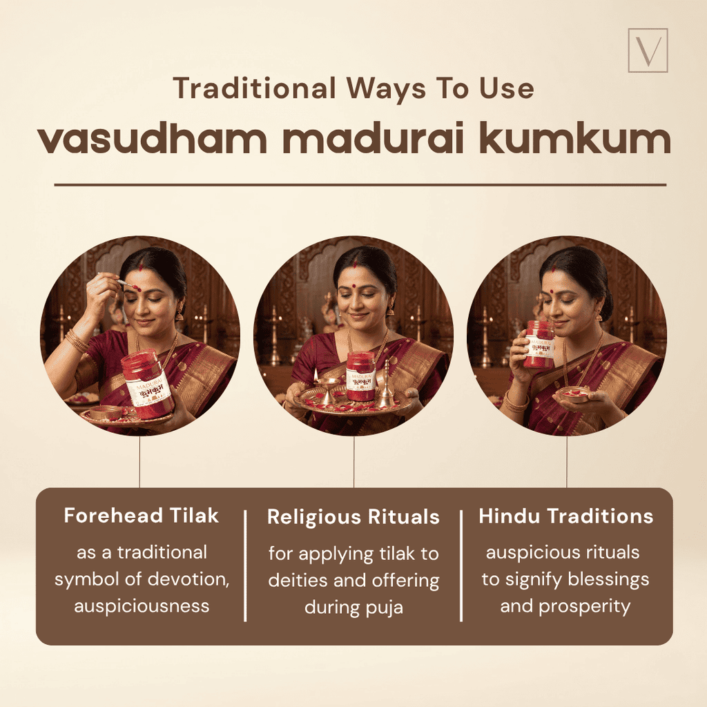 An informational graphic titled 'Traditional Ways To Use vasudham madurai kumkum' on a warm beige background. It features three circular photos of a woman applying and holding a red jar of the product, with three text panels below explaining forehead tilak, religious rituals, and Hindu traditions.