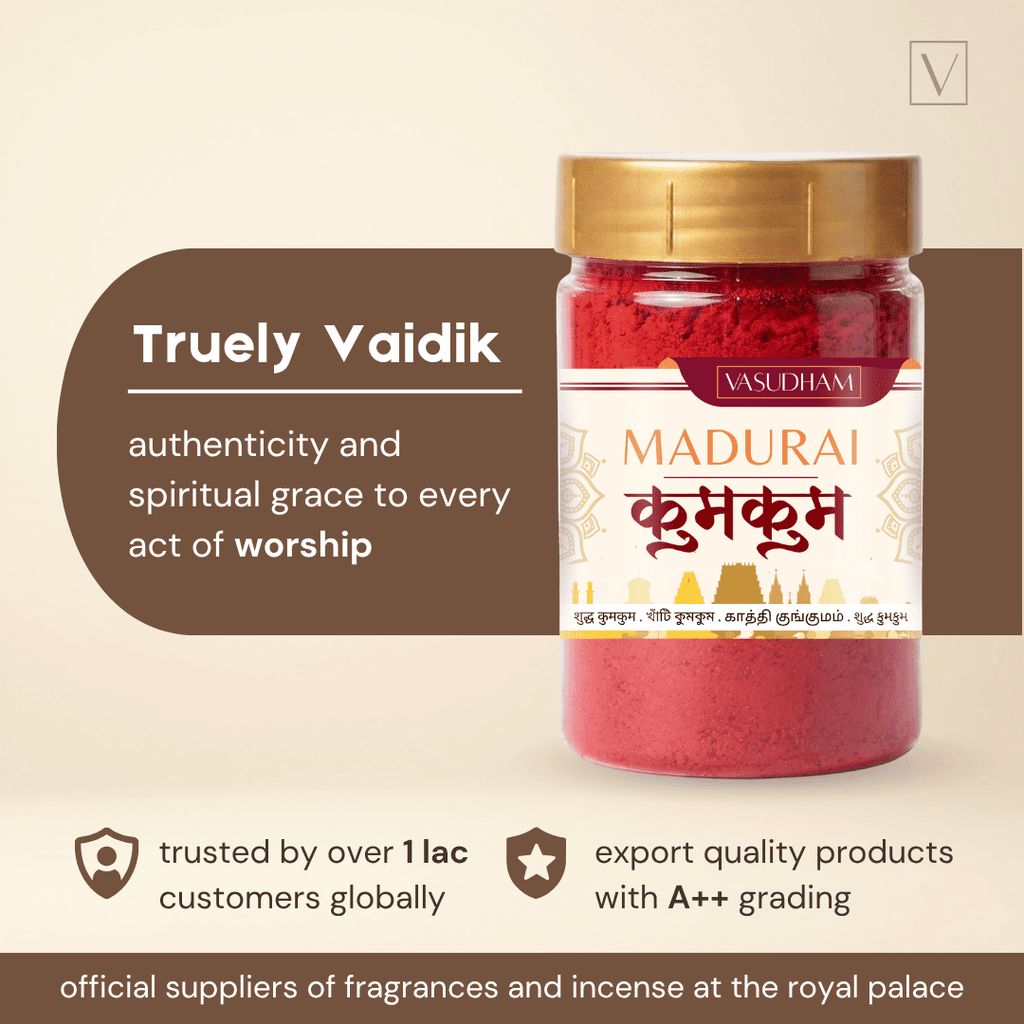 A jar of VASUDHANI Madurai incense sticks filled with bright red powder, set against a warm beige background with promotional text overlays.