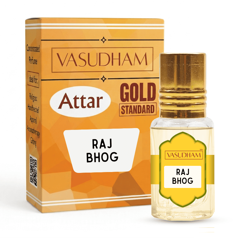 Vasudham Attar Gold Standard Raj Bhog perfume oil bottle with a gold cap next to its orange and gold packaging box on a white background.