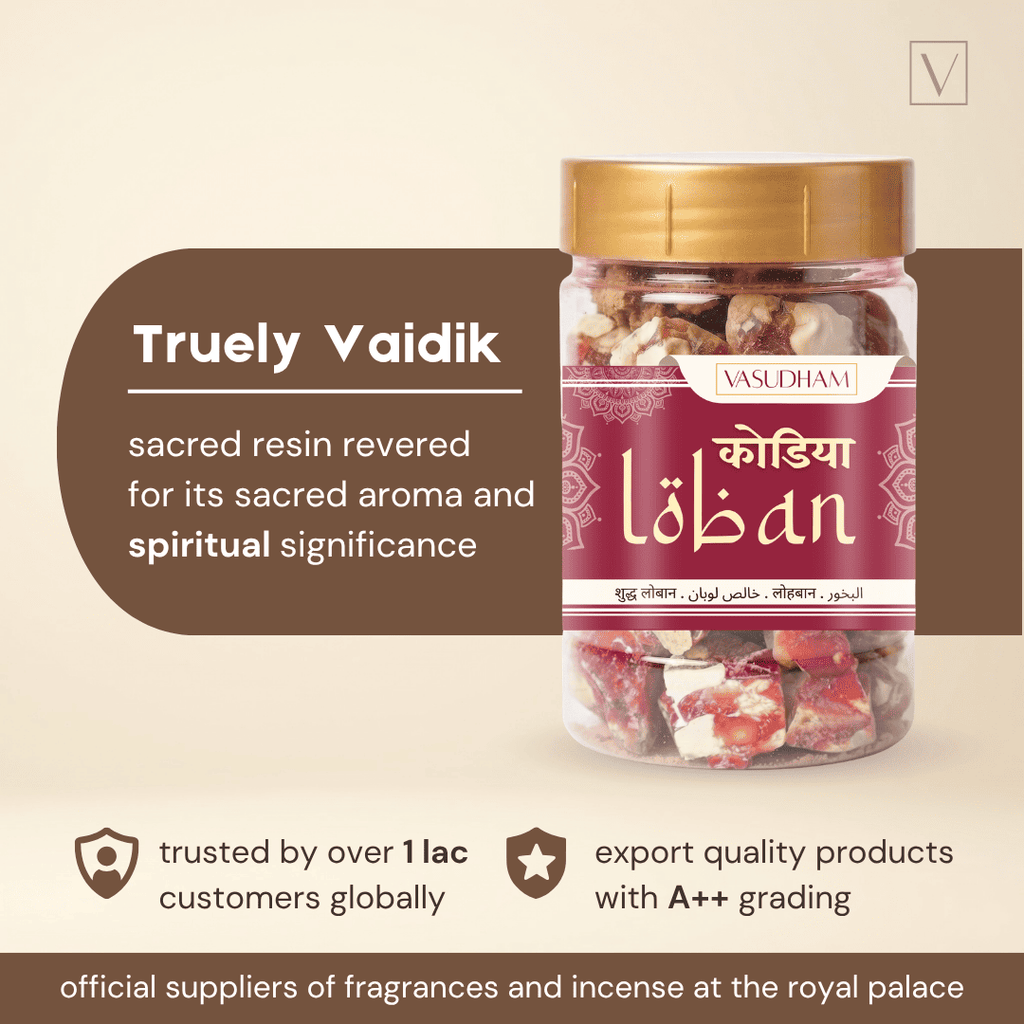A jar of VASUDHAMI Kodia (spice resin) with a gold cap and maroon label, set against a beige background with promotional text overlays.
