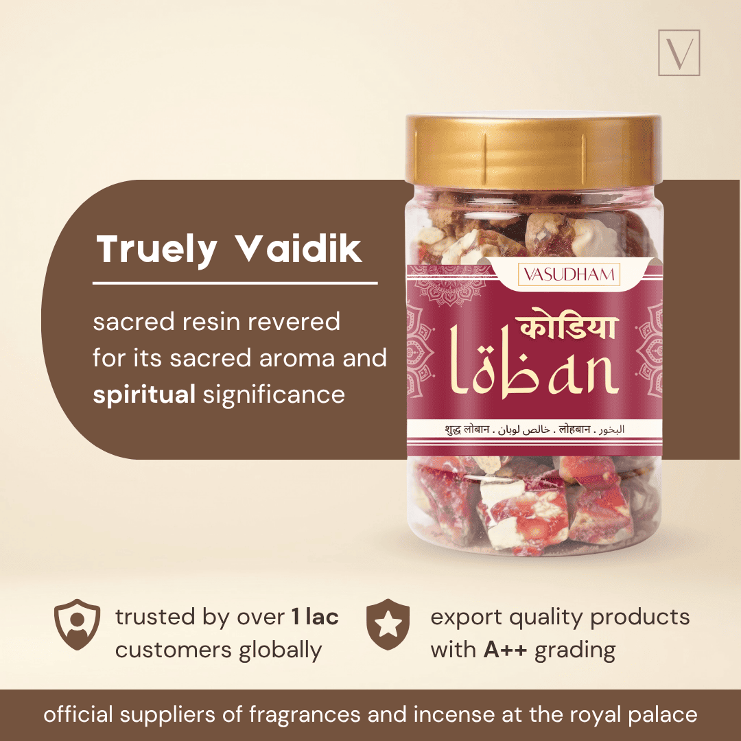A jar of VASUDHAMI Kodia (spice resin) with a gold cap and maroon label, set against a beige background with promotional text overlays.