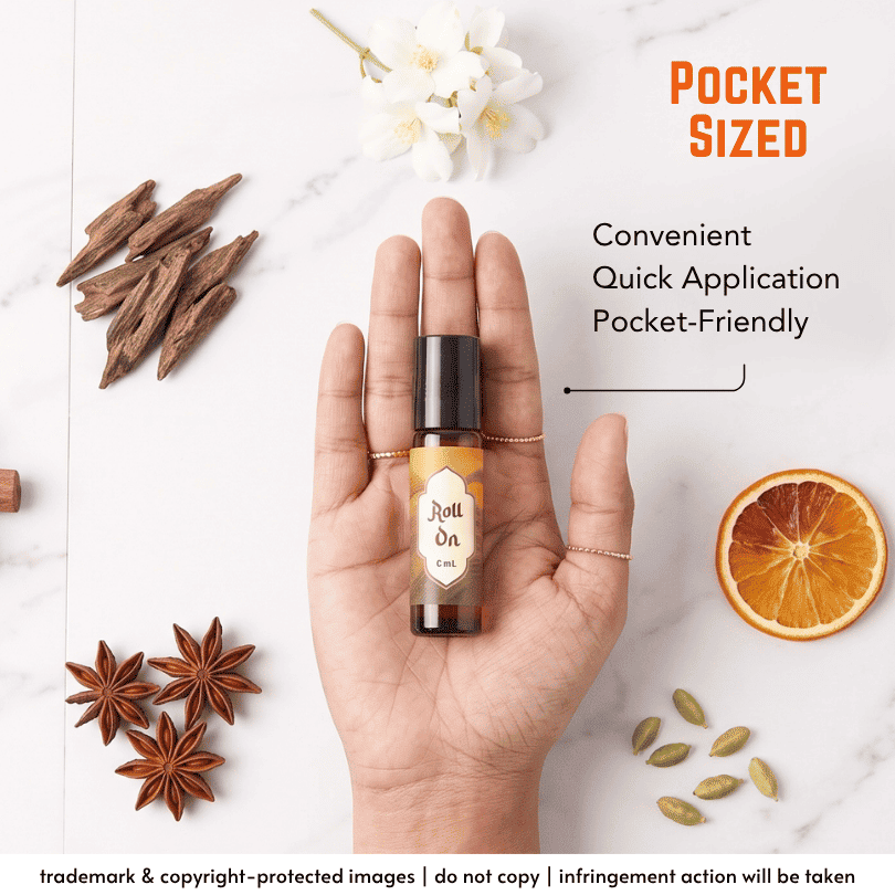 A hand holds a small roll-on bottle labeled 'Roll On Can' against a white marble background with decorative spices, flowers, and an orange slice. Text reads 'POCKET SIZED' and 'Convenient Quick Application Pocket-Friendly'.