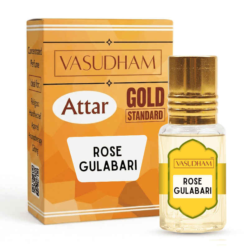Vasudham Attar Gold Standard Rose Gulabari perfume bottle with a gold cap next to its orange and gold packaging box on a white background.