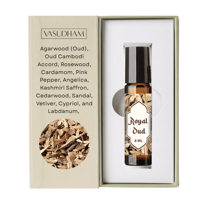 A 8 ml bottle of Royal Oud fragrance oil by Vasudham, presented inside its open gift box. The box is beige with black text listing various wood and spice notes, and features a circular photo of wood shavings.