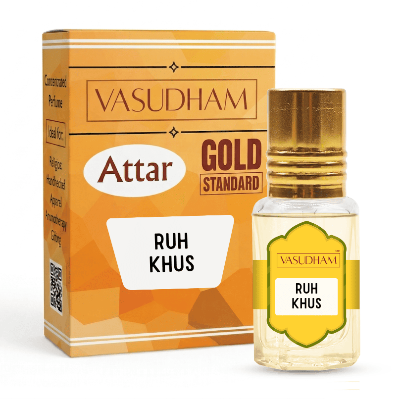 Vasudham Attar Gold Standard Ruh Khus perfume bottle with a gold cap next to its orange and gold packaging box on a white background.