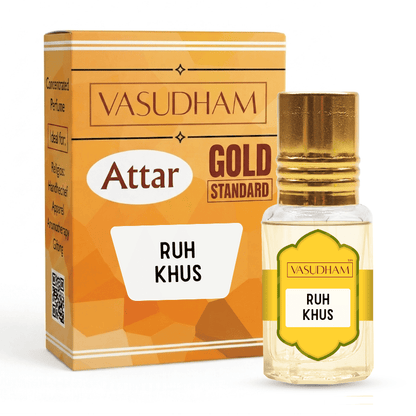 Vasudham Attar Gold Standard Ruh Khus perfume bottle with a gold cap next to its orange and gold packaging box on a white background.