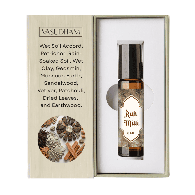 Vasudham Ruh Miiwi 8ml essential oil roller bottle presented in its open packaging next to its beige cardboard box.