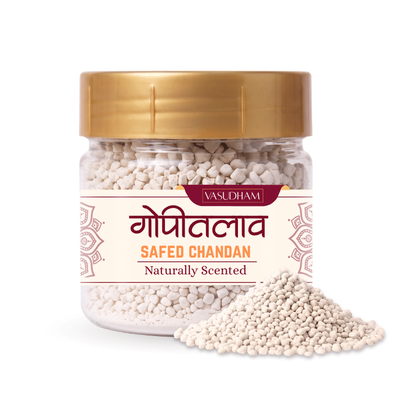 Jar with yellow cap and text written gopi talavn white chandan tilak by vasudham and safed chandan tilak inside