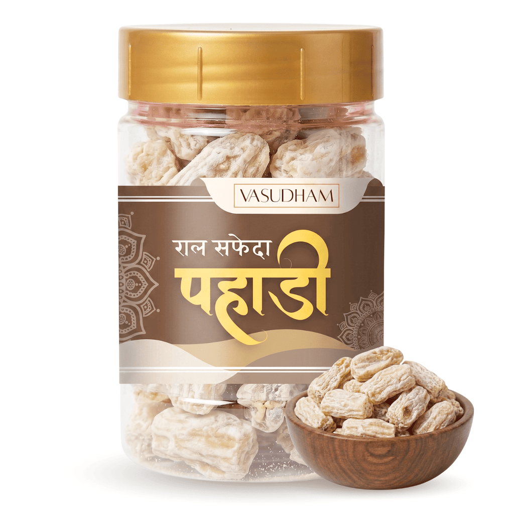 Jar of Vasudham safed raal with a gold lid and label on a white background
