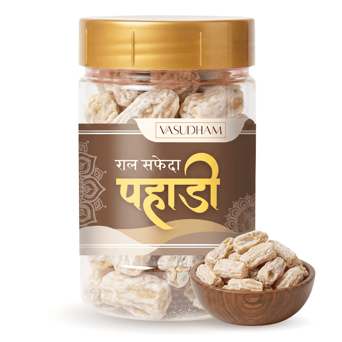 Jar of Vasudham safed raal with a gold lid and label on a white background