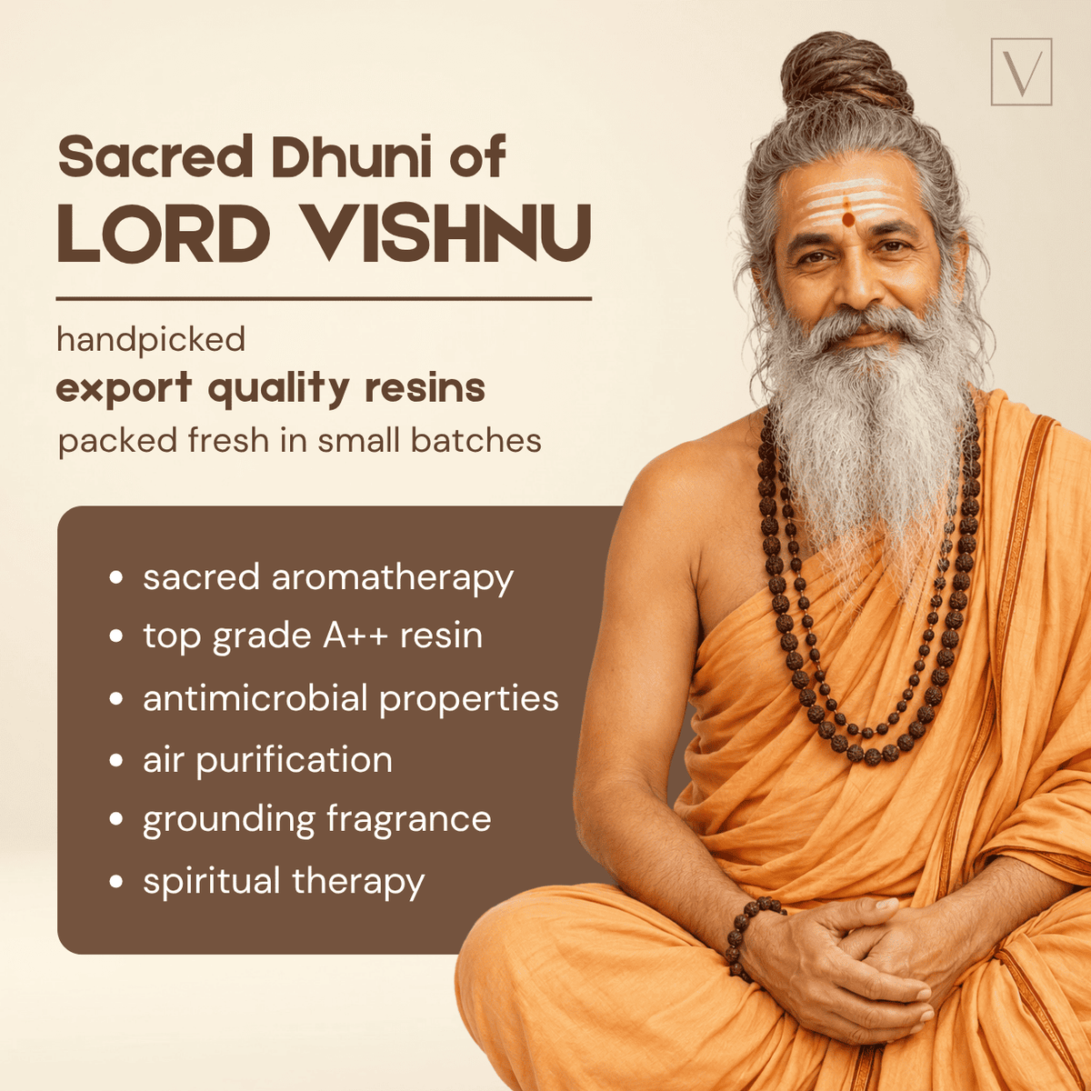 Man in orange robes with beads, text about Lord Vishnu resins on a beige background