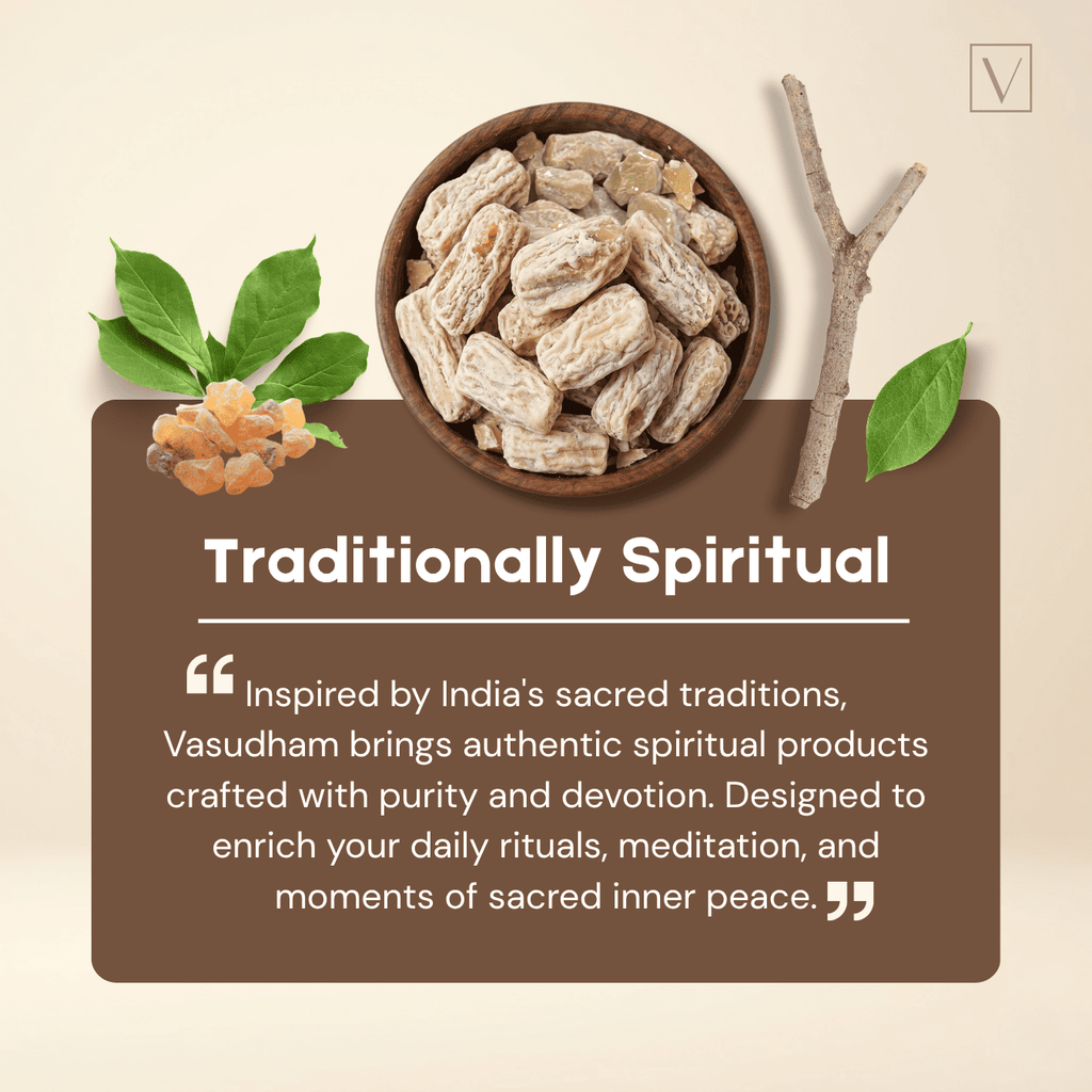 Bowl of dried roots with leaves and twigs on a beige background, featuring text about Vasudham's spiritual products.