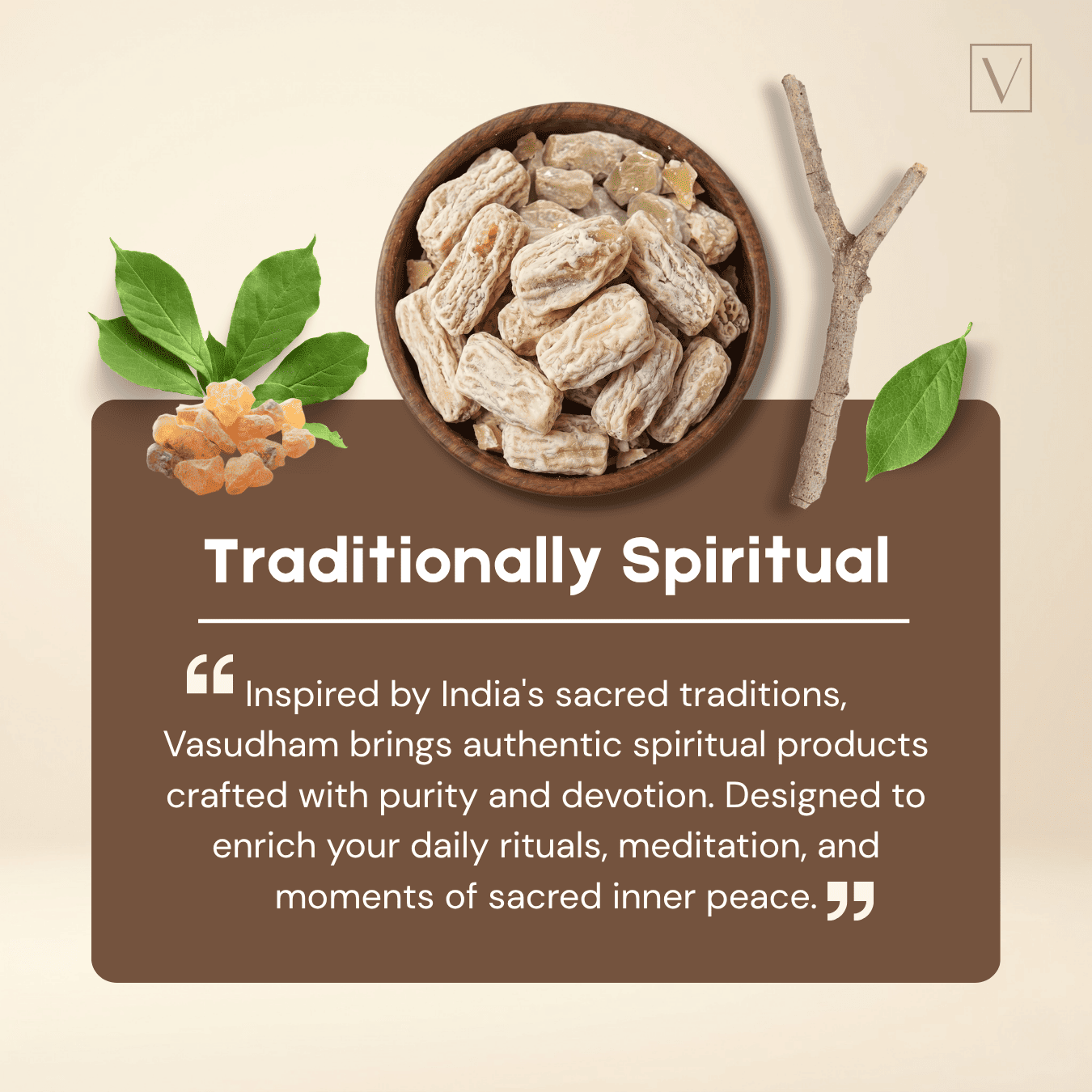 Bowl of dried roots with leaves and twigs on a beige background, featuring text about Vasudham's spiritual products.
