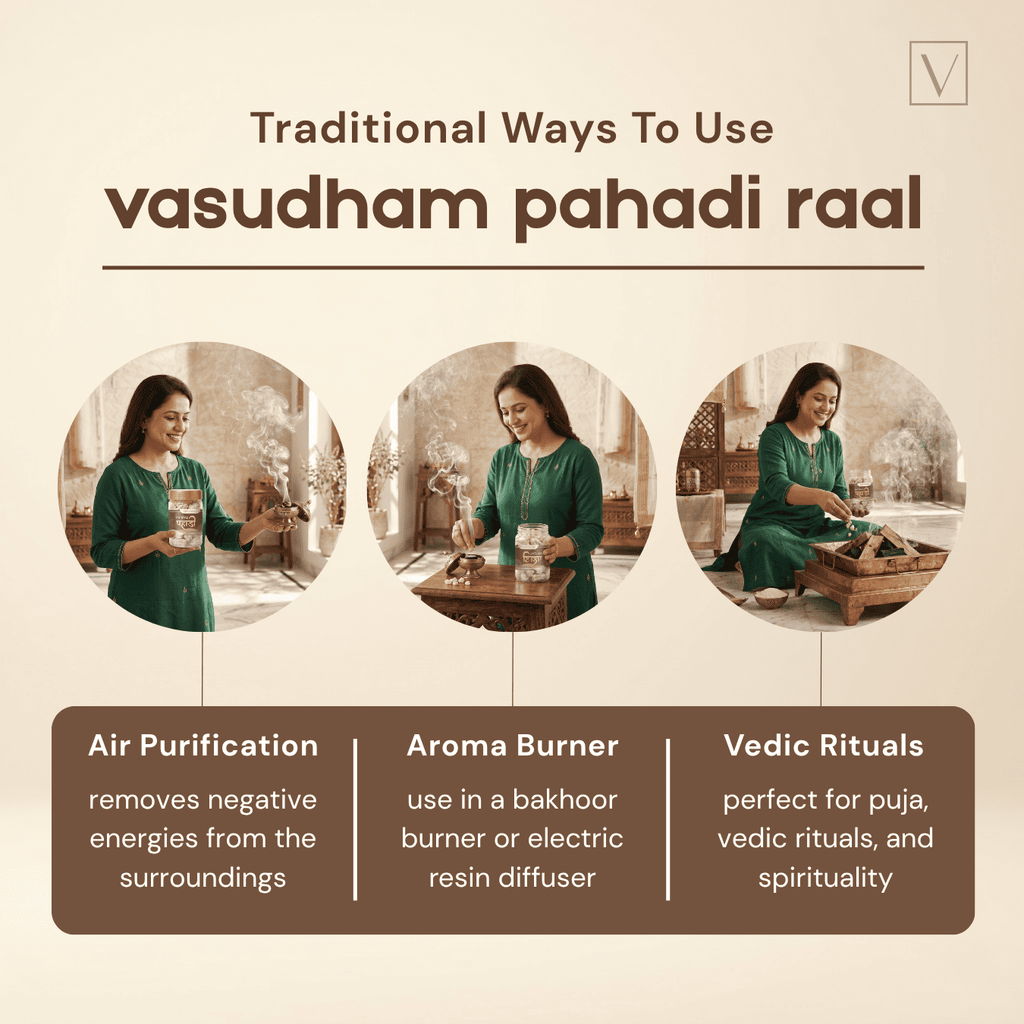 Instructions on using 'vasudham pahadi raal' for air purification, aroma burner, and Vedic rituals.