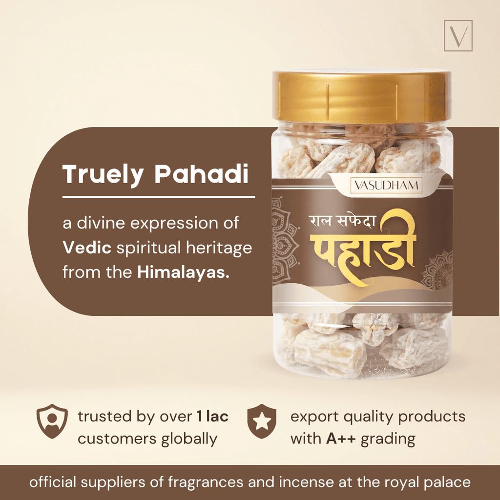 Vasudham Pahadi incense packaging with text about Vedic heritage and quality.