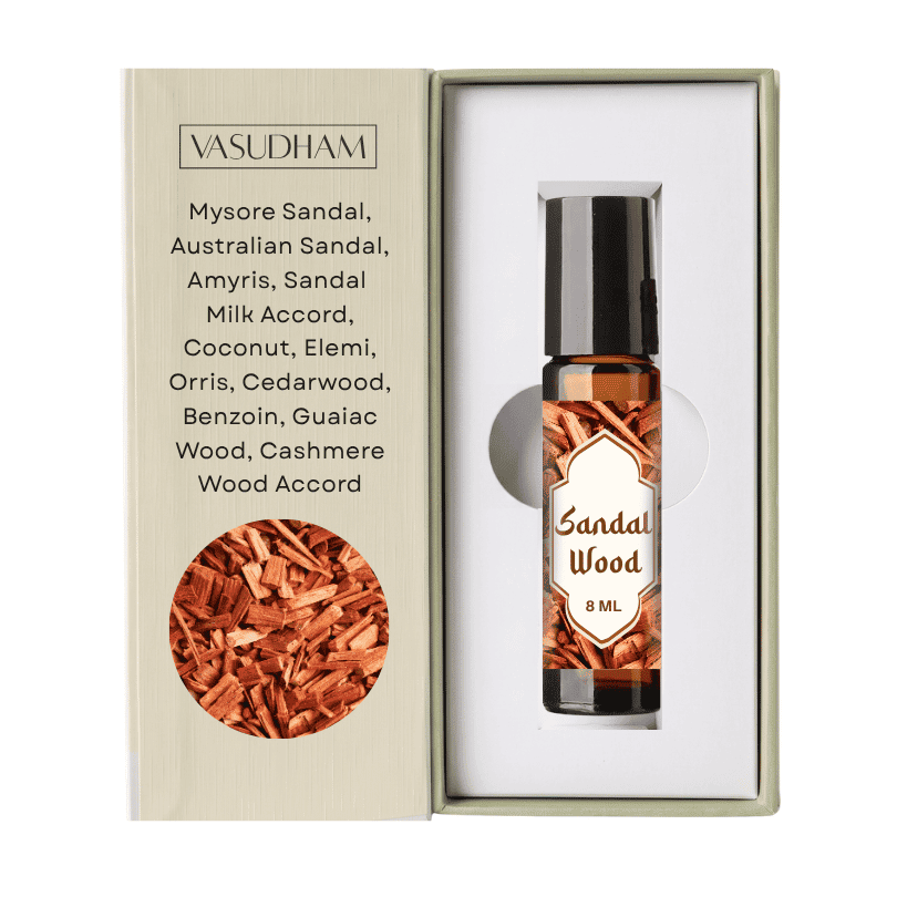 Vasudham Sandal Wood Accord 8ml rollerball perfume oil in a silver atomizer bottle, presented inside its white and beige gift box next to a list of wood and sandal wood accord notes.