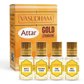 Vasudham Attar Gold Standard perfume set, featuring a golden-orange retail box behind four small glass spray bottles labeled White Lotus, Brahma Kamal, Pink Lotus, and Neel Kamal.