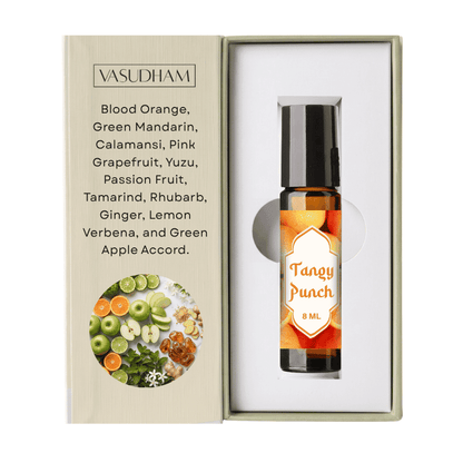 Vasudham Tangy Punch 8ml essential oil roller bottle presented in its gift box. The box features a light beige textured cover listing various citrus and fruit scents, and the open white interior showcases the amber glass bottle with a black cap and a vibrant orange label.