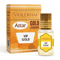 Vasudham Attar Gold Standard VIP Gold perfume bottle with a gold cap next to its orange and gold packaging box on a white background.