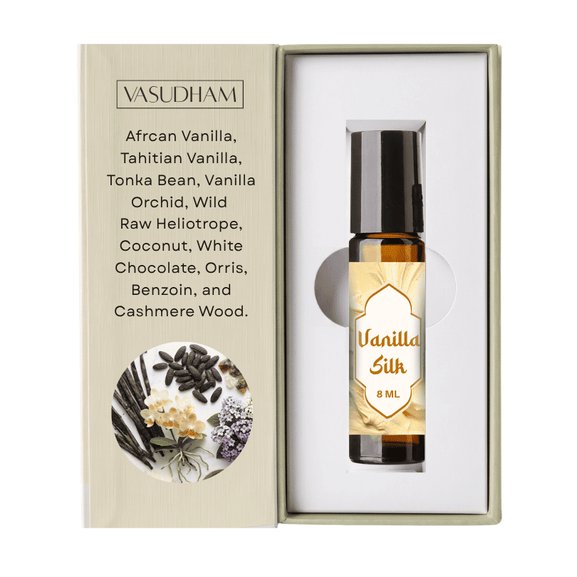 Vasudham vanilla silk roll-on perfume with being box and 8 ML amber bottle