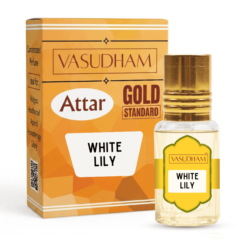 Vasudham Attar Gold Standard White Lily perfume bottle next to its orange and gold packaging box on a white background.