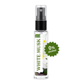 A clear glass perfume spray bottle labeled 'WHITE MUSK' with a black pump, shown on a white background with a green '0% alcohol' badge.