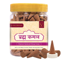 Jar of Vasudham Premium Handicraft brahma kamal Dhoop Cones with a yellow lid and brown cones on a white background.