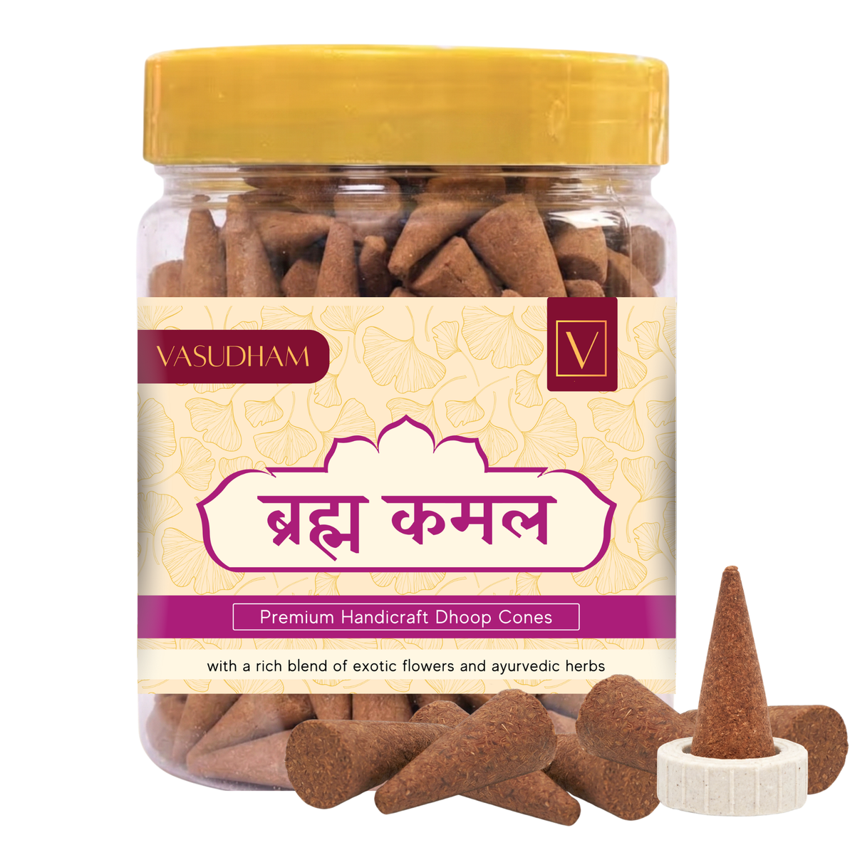 Jar of Vasudham Premium Handicraft brahma kamal Dhoop Cones with a yellow lid and brown cones on a white background.