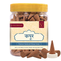 Jar of Vasudham camphor dhoop cones with a yellow lid and decorative label on a white background.