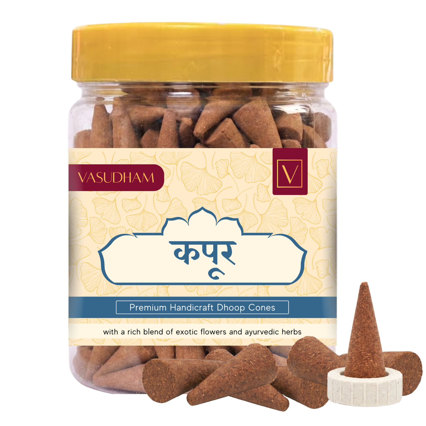 Jar of Vasudham camphor dhoop cones with a yellow lid and decorative label on a white background.