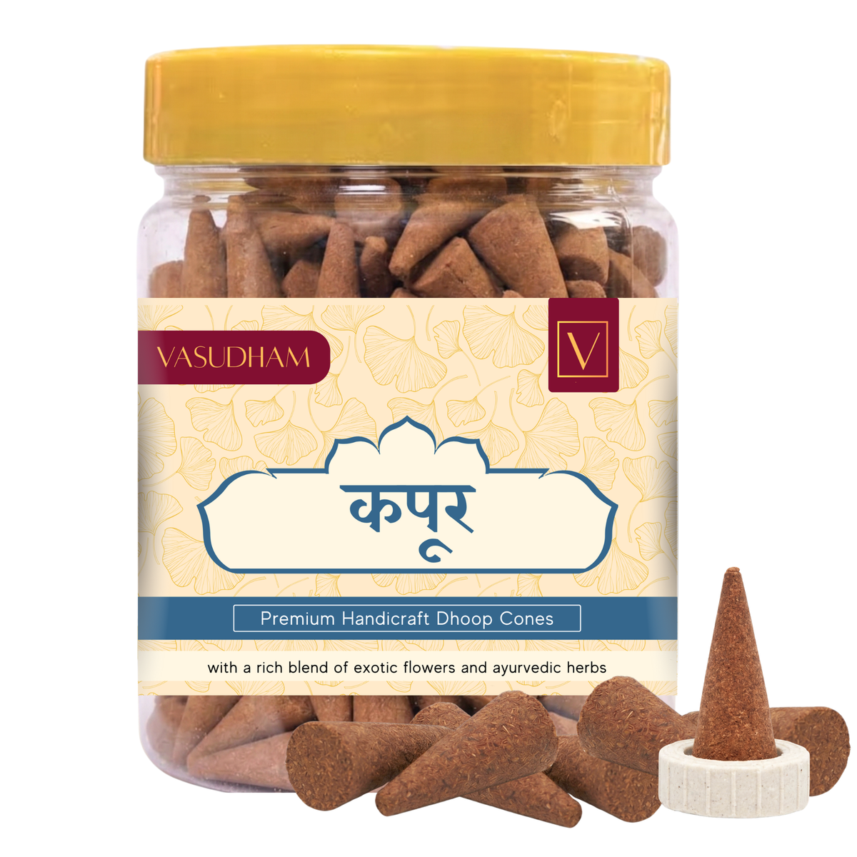 Jar of Vasudham camphor dhoop cones with a yellow lid and decorative label on a white background.
