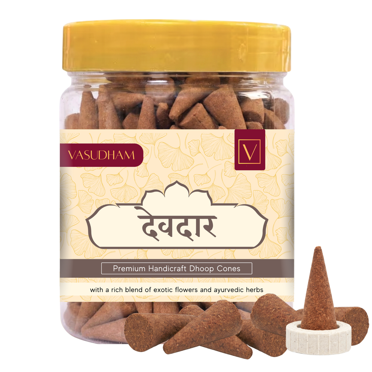 Jar of Vasudham Cedarwood Dhoop Cones with a yellow lid and visible label on a white background