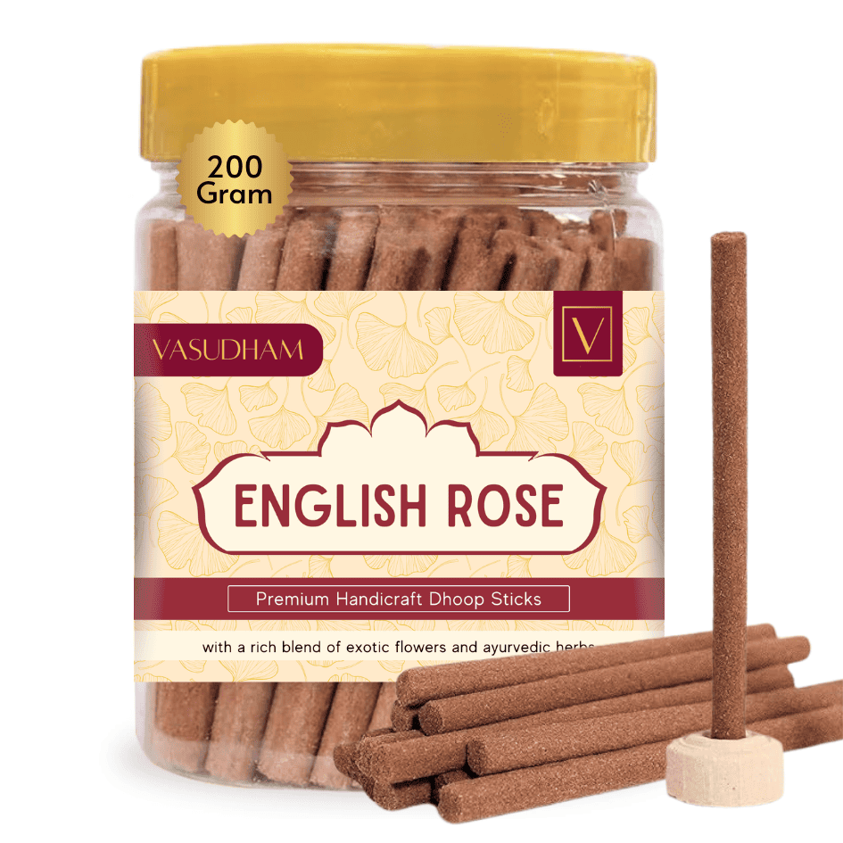 Jar of Vasudham English Rose doop sticks with a few sticks displayed in front on a white background.