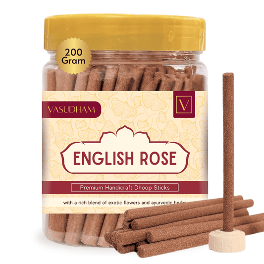 Jar of Vasudham English Rose doop sticks with a few sticks displayed in front on a white background.