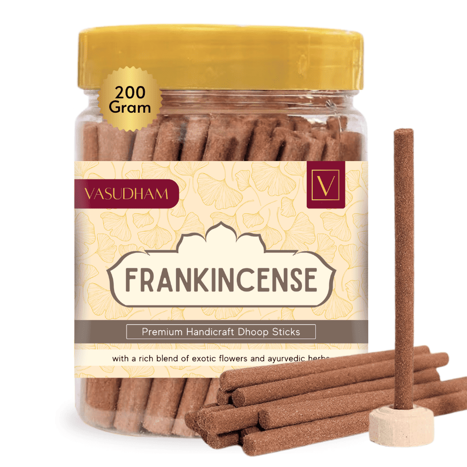 Jar of Vasudham Frankincense Dhoop Sticks with a yellow lid on a white background