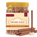 Jar of Vasudham Havan Gold doop sticks with a yellow lid on a white background