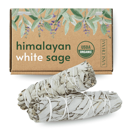 Himalayan white sage with packaging labeled 'USDA Organic' on a white background