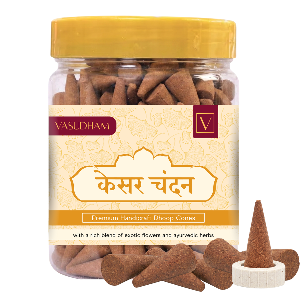 Jar of Vasudham Premium Handicraft kesar chandan Dhoop Cones with a yellow lid and decorative label.