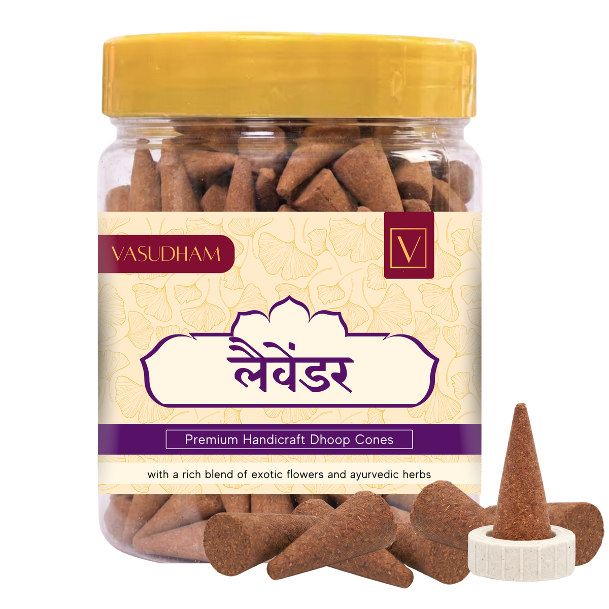 Jar of Vasudham Premium Handicraft Lavender Dhoop Cones with a yellow lid and white label.