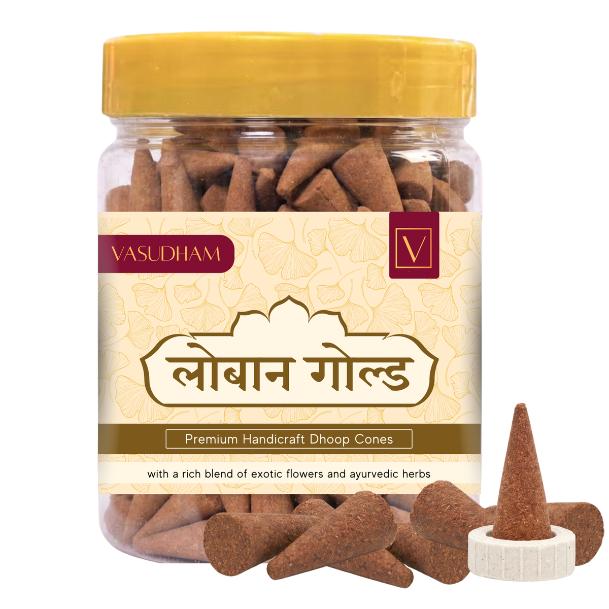 Jar of Vasudham loban incense cones with a yellow lid and visible label.