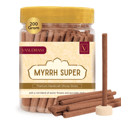 Jar of Vasudham Myrrh Super incense sticks with a yellow lid on a white background