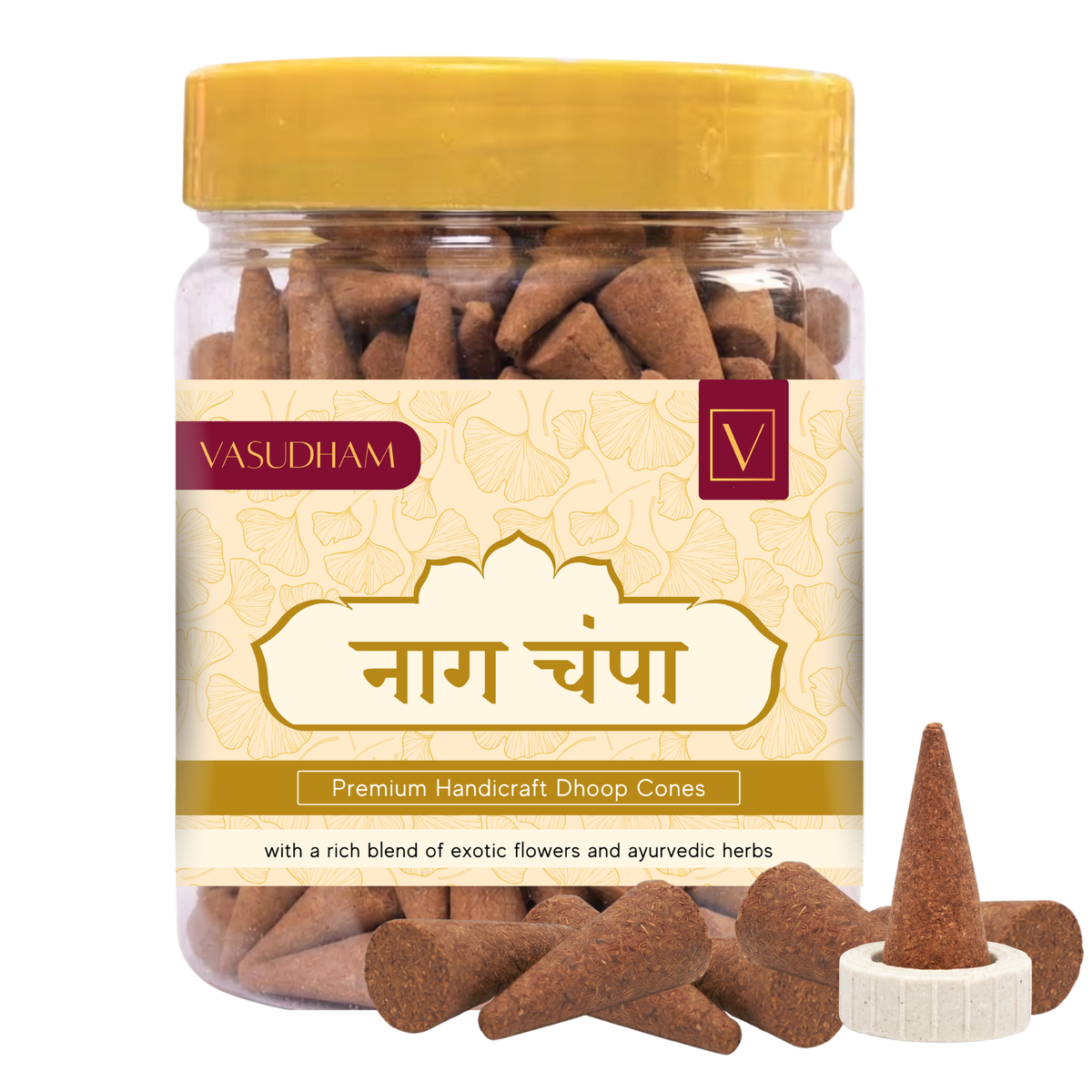 Jar of Vasudham Nag Champa incense cones with a yellow lid and label.