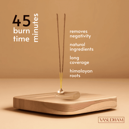 Incense burner with incense stick on a beige background, featuring text about burn time and ingredients.